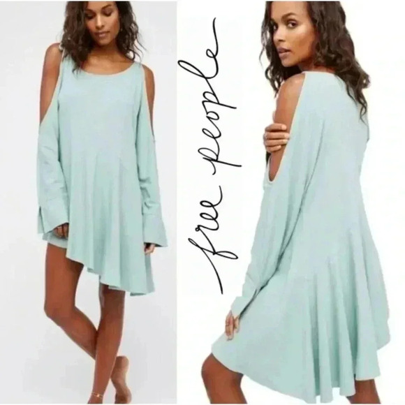 Free People Tunic Dress Top Size XS Mint Cold Shoulder Asymmetrical Hem Boho - Picture 1 of 13